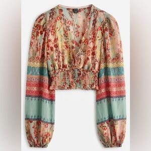 SHEIN VCAY Boho Paisley Mixed Print Smocked Waist Crop Top Bishop Sleeves L NWOT